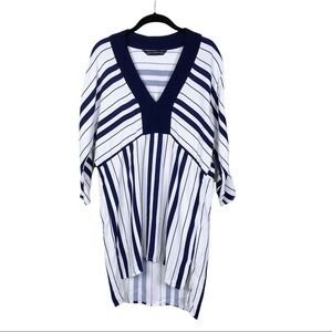 Zara Woman Navy White Striped V-Neck Hi-Low Side Slits Dolman Kimono Top Size XS